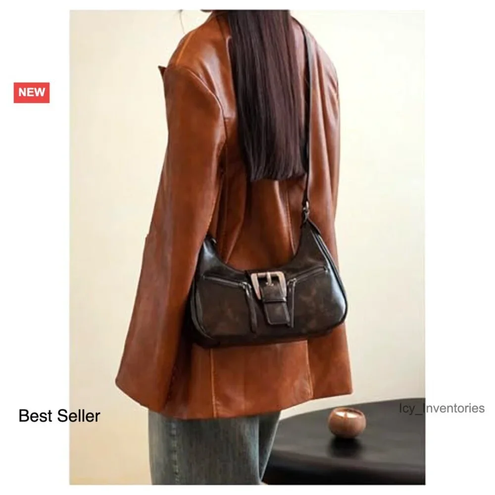 PU Leather Hobo Shoulder Bag with Buckle and Zipper Closure